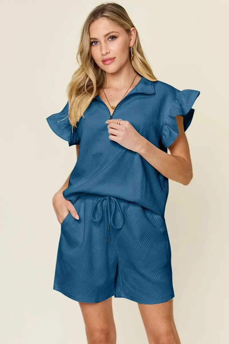 Texture Flounce Sleeve Top And Drawstring Shorts Set 28
