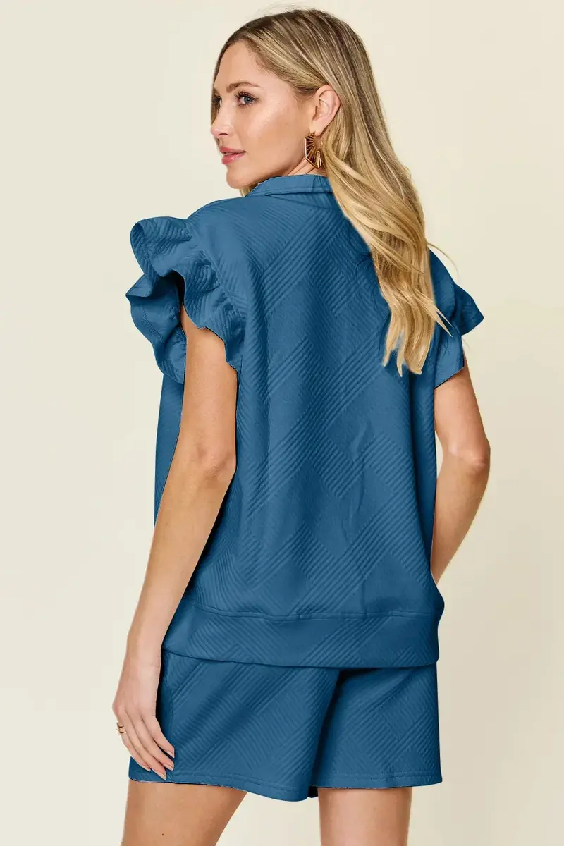Texture Flounce Sleeve Top And Drawstring Shorts Set 29
