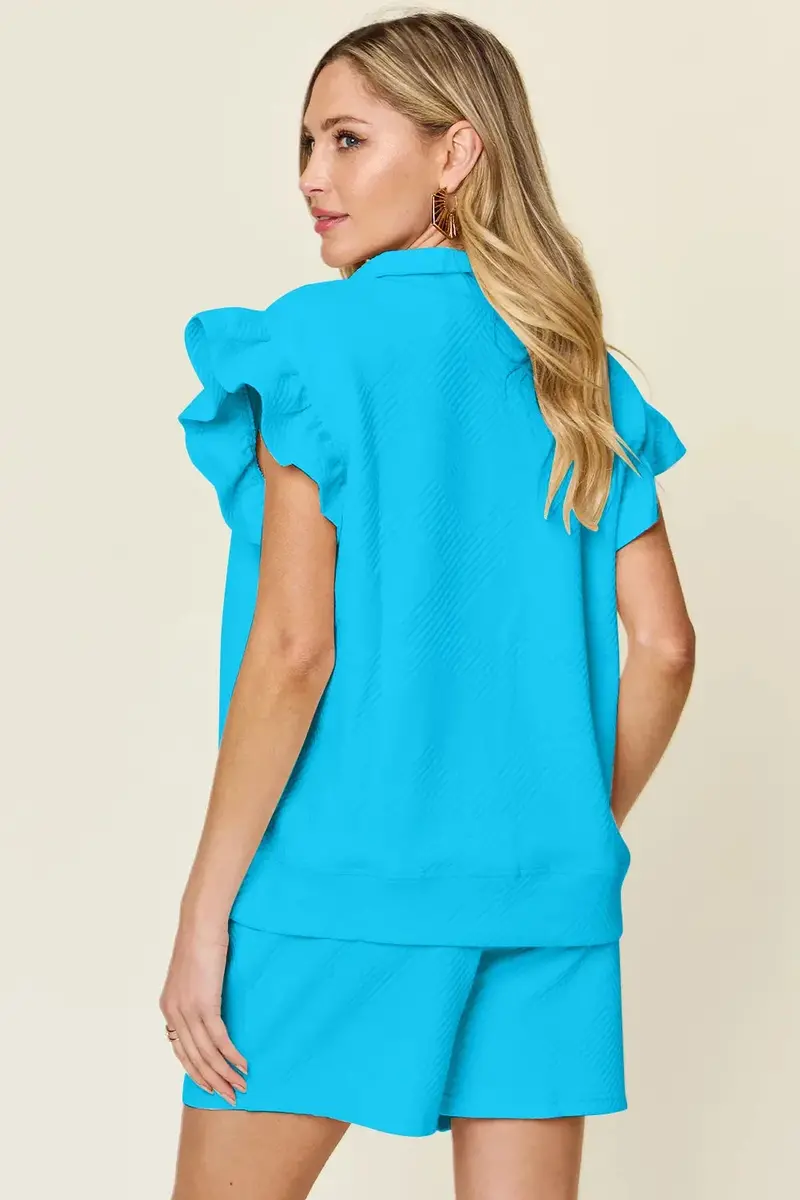 Texture Flounce Sleeve Top And Drawstring Shorts Set 31