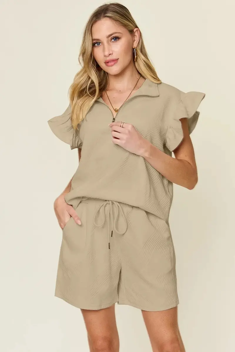 Texture Flounce Sleeve Top And Drawstring Shorts Set 32
