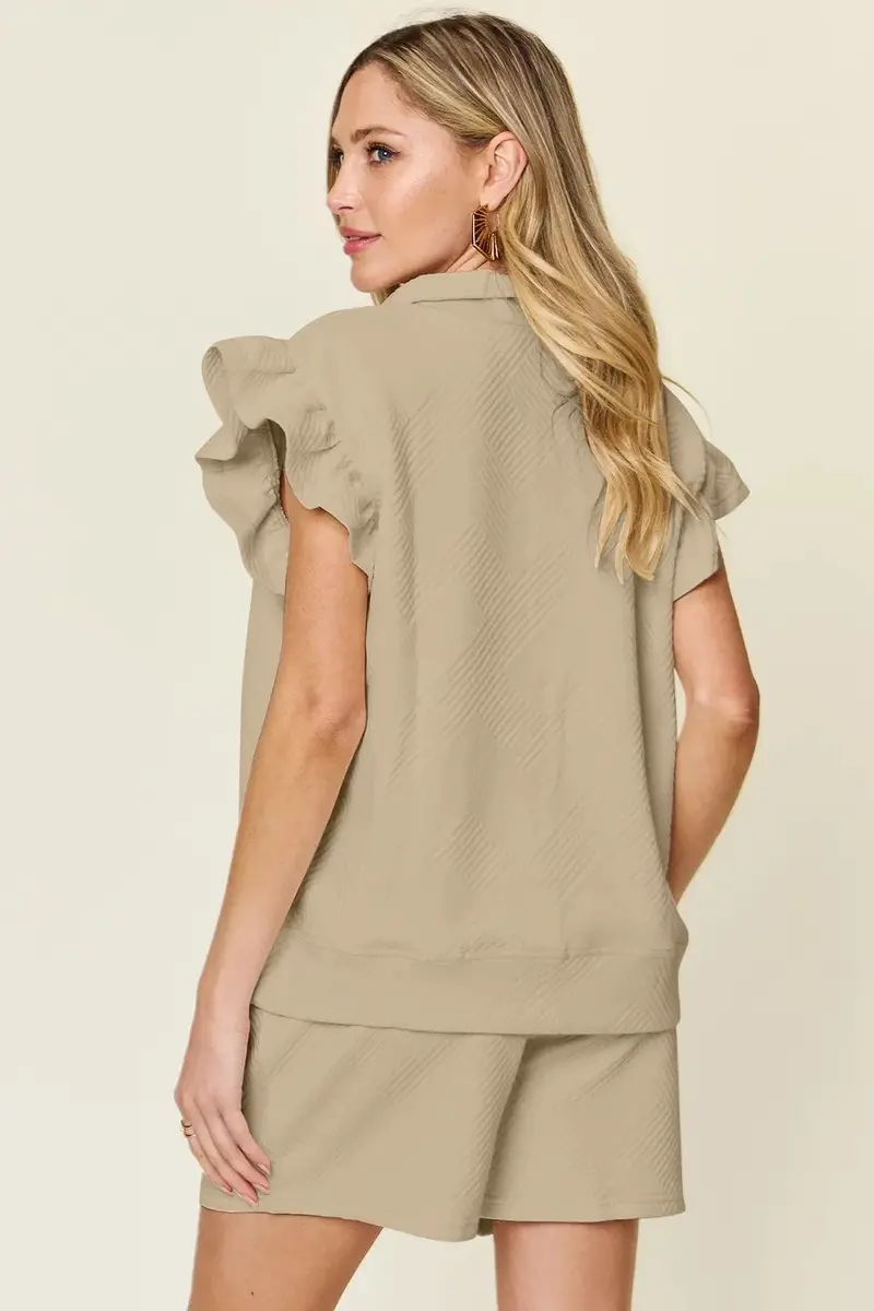 Texture Flounce Sleeve Top And Drawstring Shorts Set 33