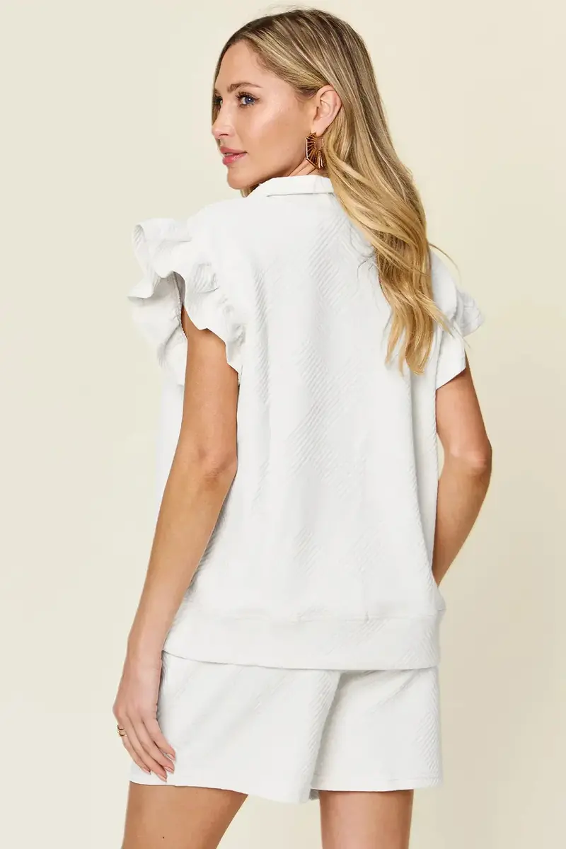 Texture Flounce Sleeve Top And Drawstring Shorts Set 35