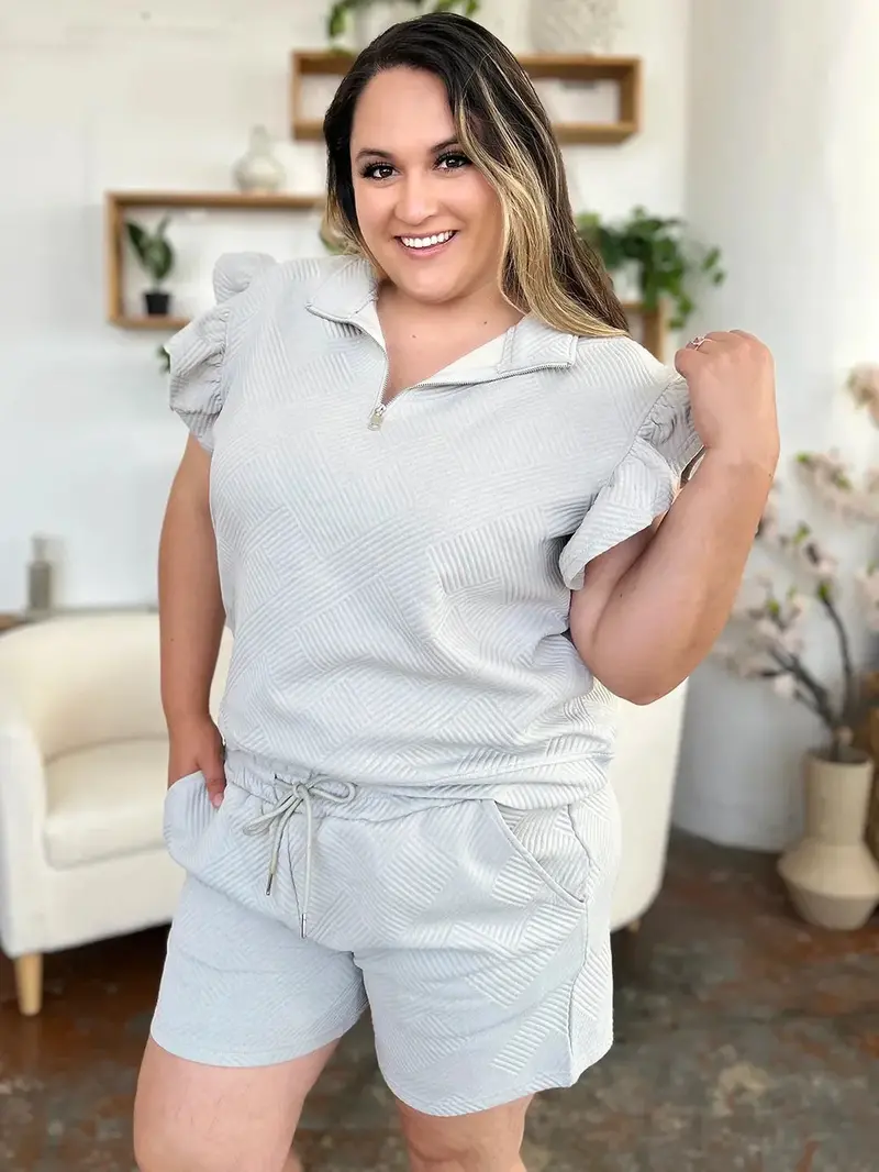 Texture Flounce Sleeve Top And Drawstring Shorts Set 6