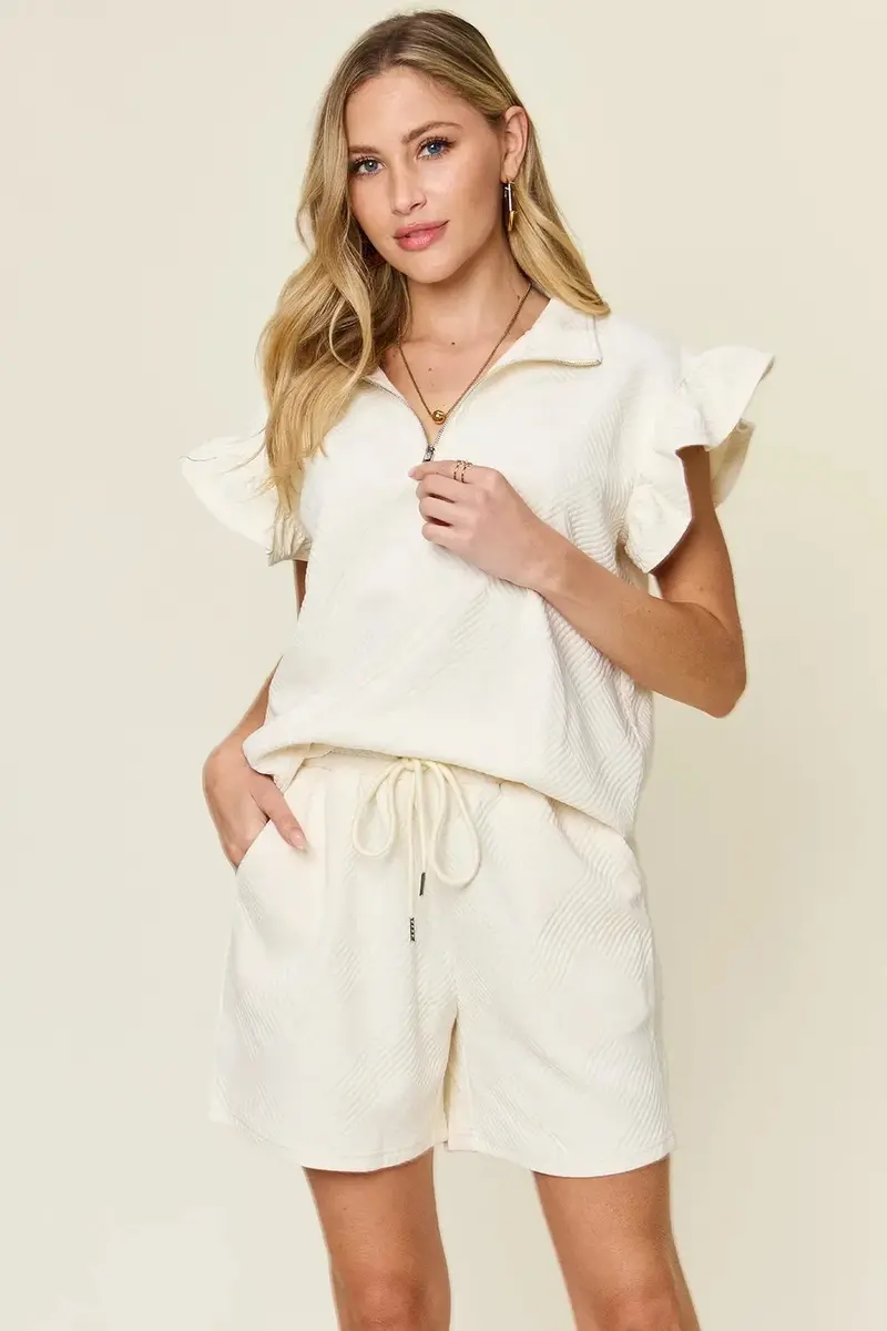Texture Flounce Sleeve Top And Drawstring Shorts Set 7