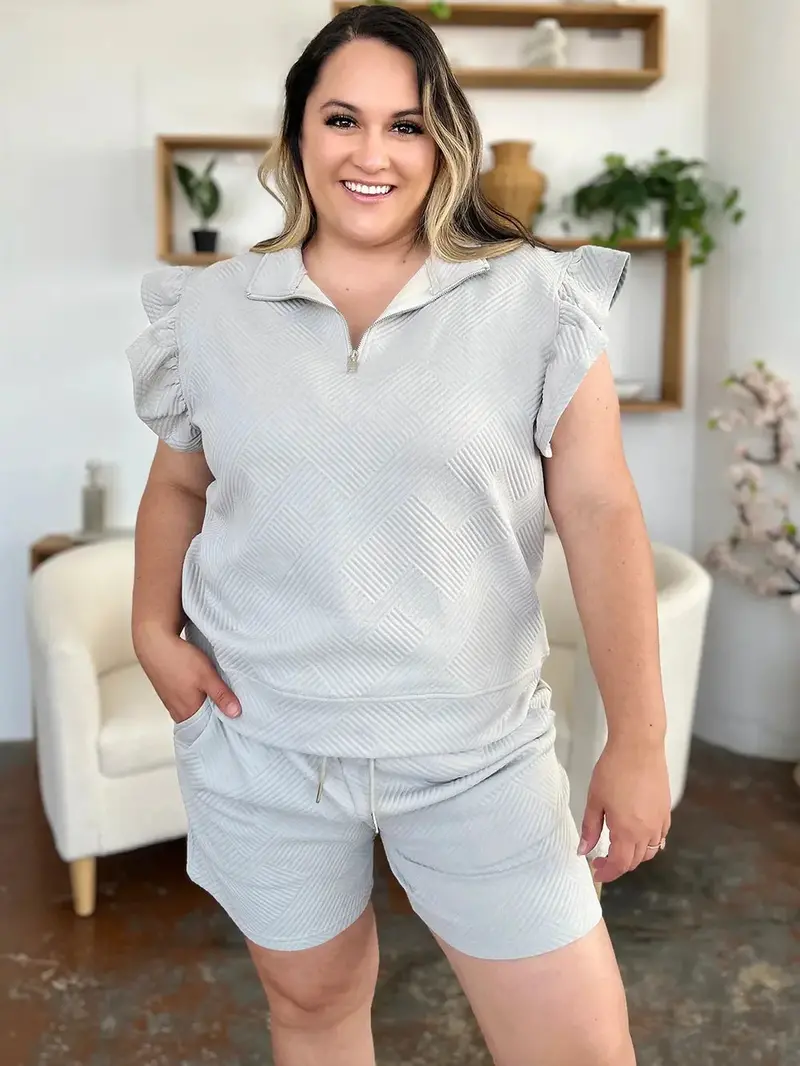 Texture Flounce Sleeve Top And Drawstring Shorts Set 7