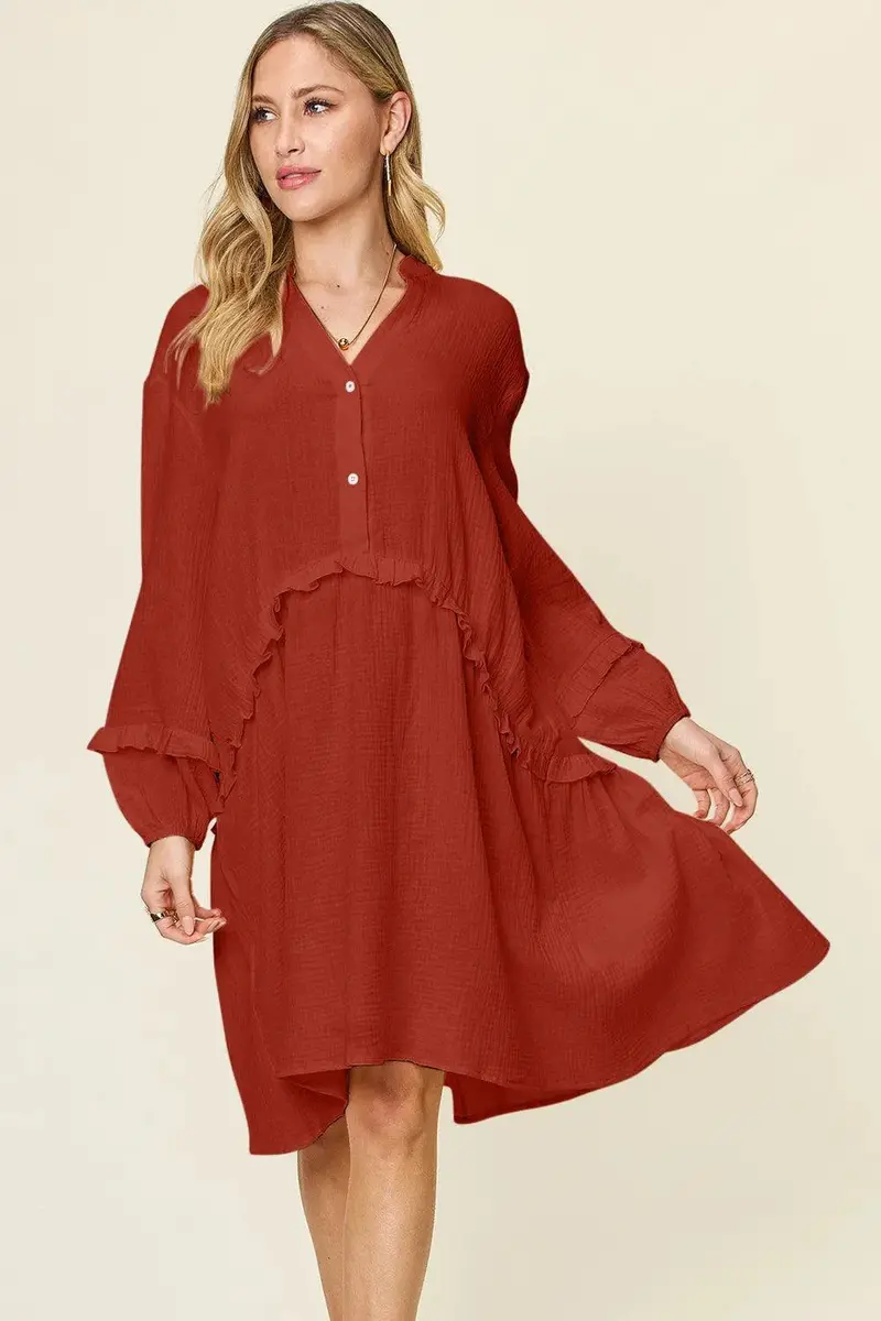 Texture Half Button Ruffle Trim Dress 1