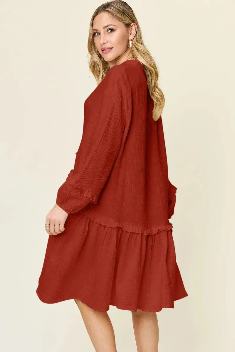 Texture Half Button Ruffle Trim Dress 2