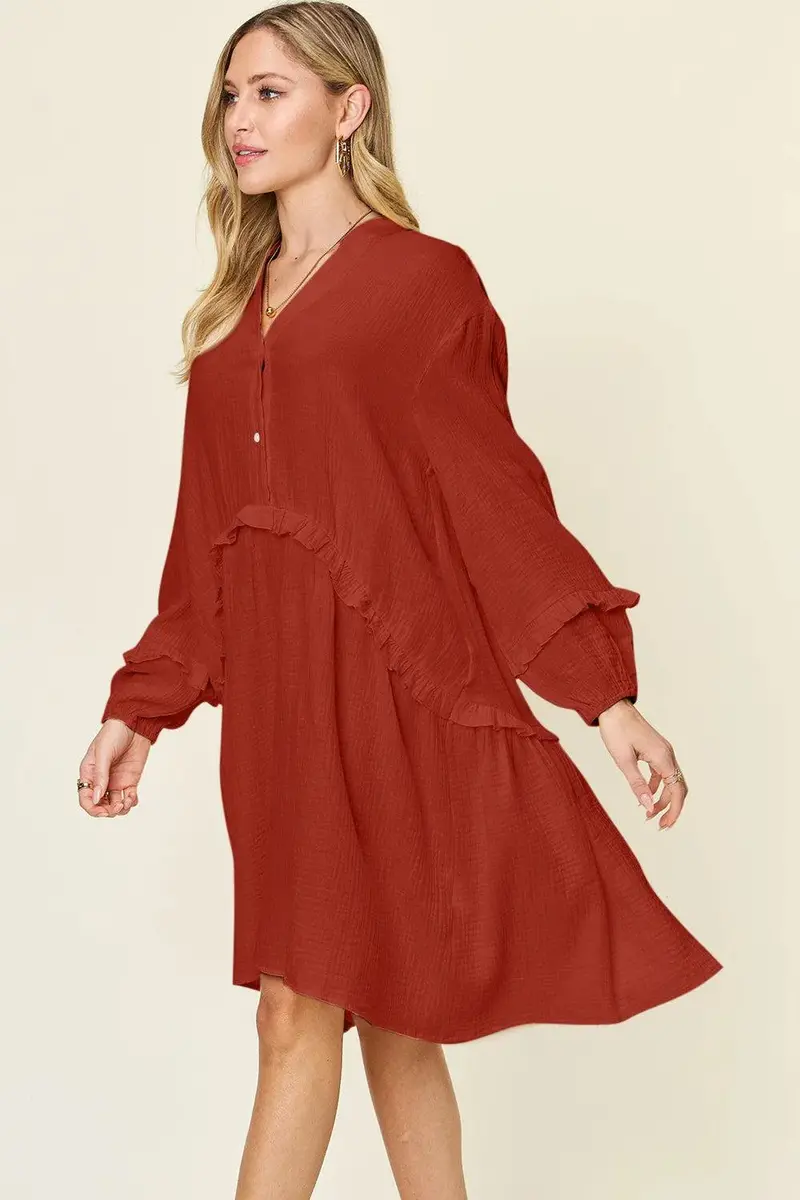 Texture Half Button Ruffle Trim Dress 3
