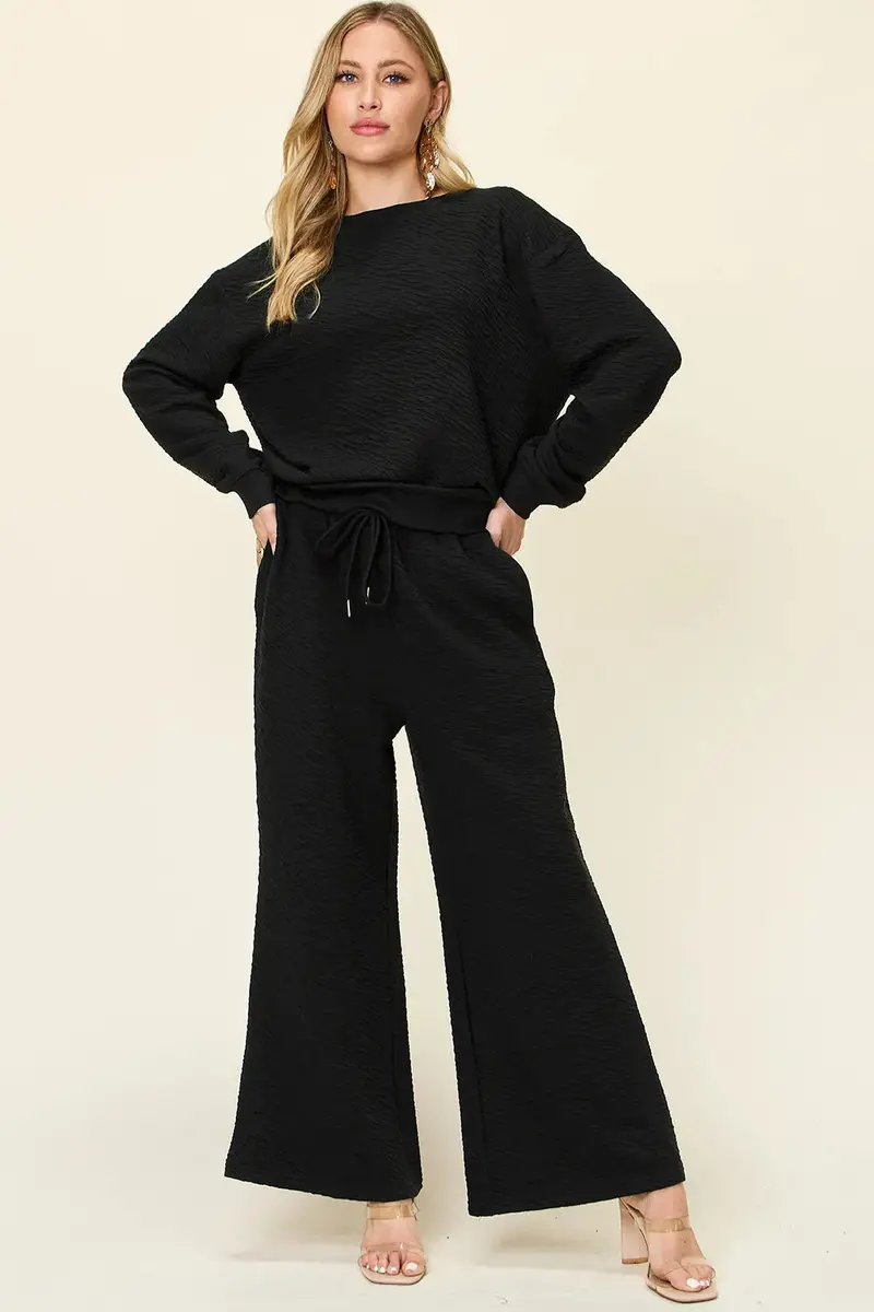 Texture Long Sleeve Top And Pants Set 1