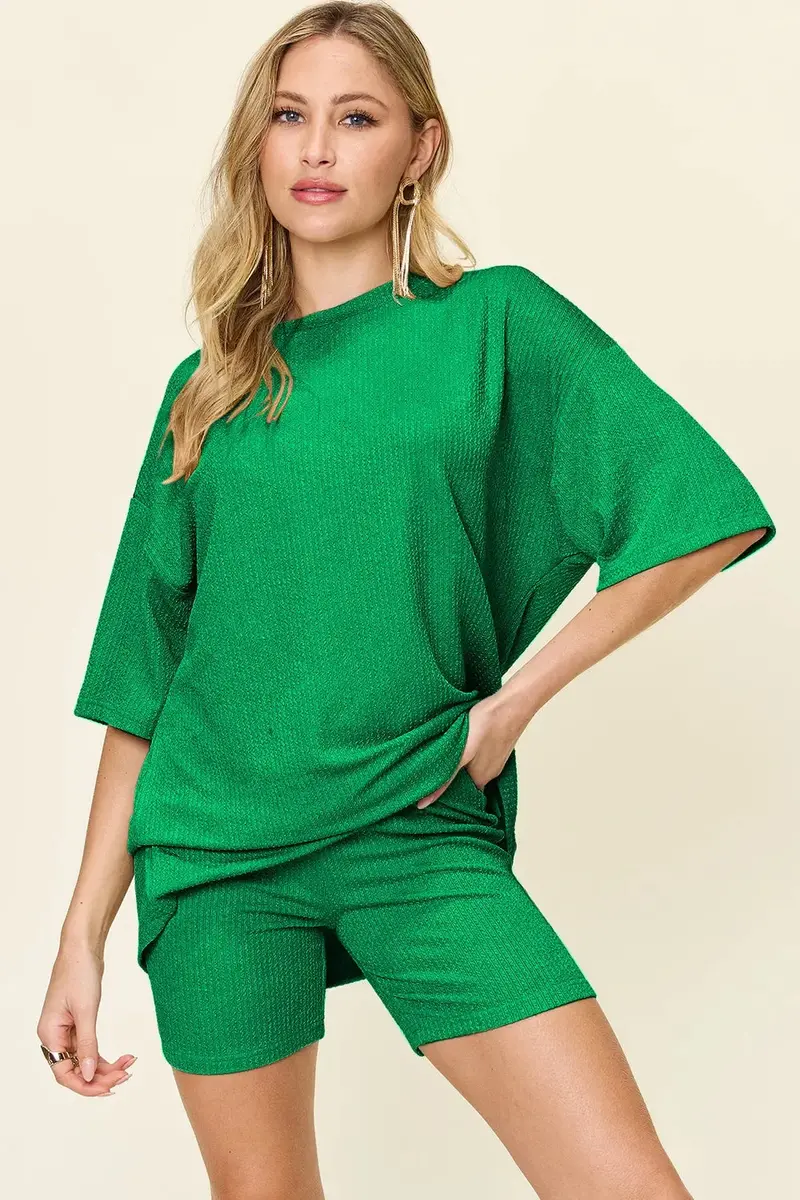 Texture Round Neck Drop Shoulder T-Shirt And Shorts Set 1