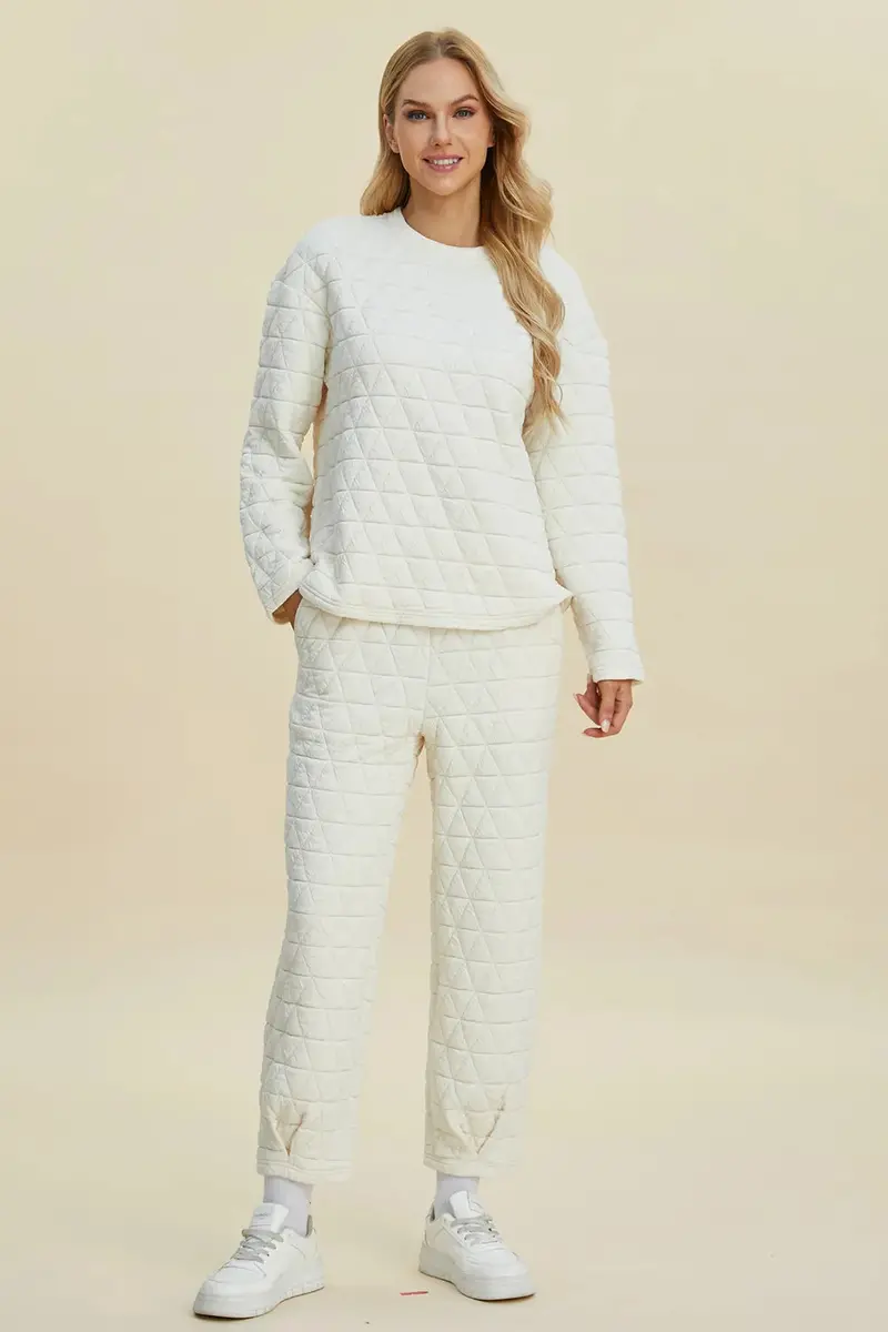 Texture Round Neck Long Sleeve Top And Pants Set 1