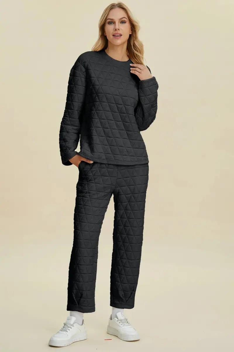 Texture Round Neck Long Sleeve Top And Pants Set 10