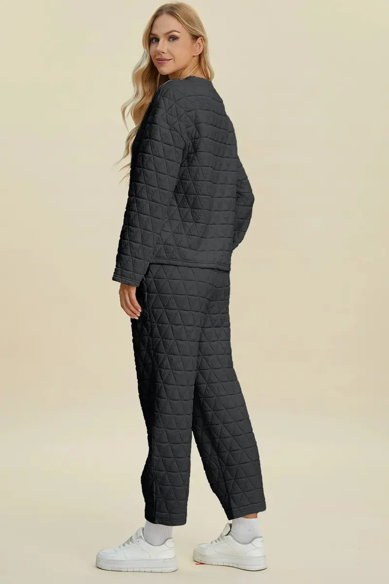 Texture Round Neck Long Sleeve Top And Pants Set 11