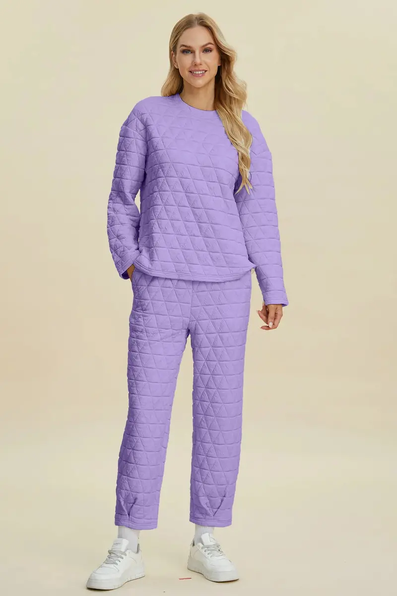 Texture Round Neck Long Sleeve Top And Pants Set 13