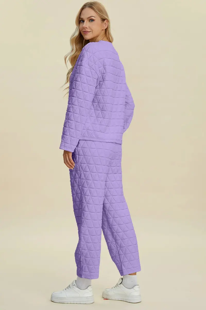 Texture Round Neck Long Sleeve Top And Pants Set 14