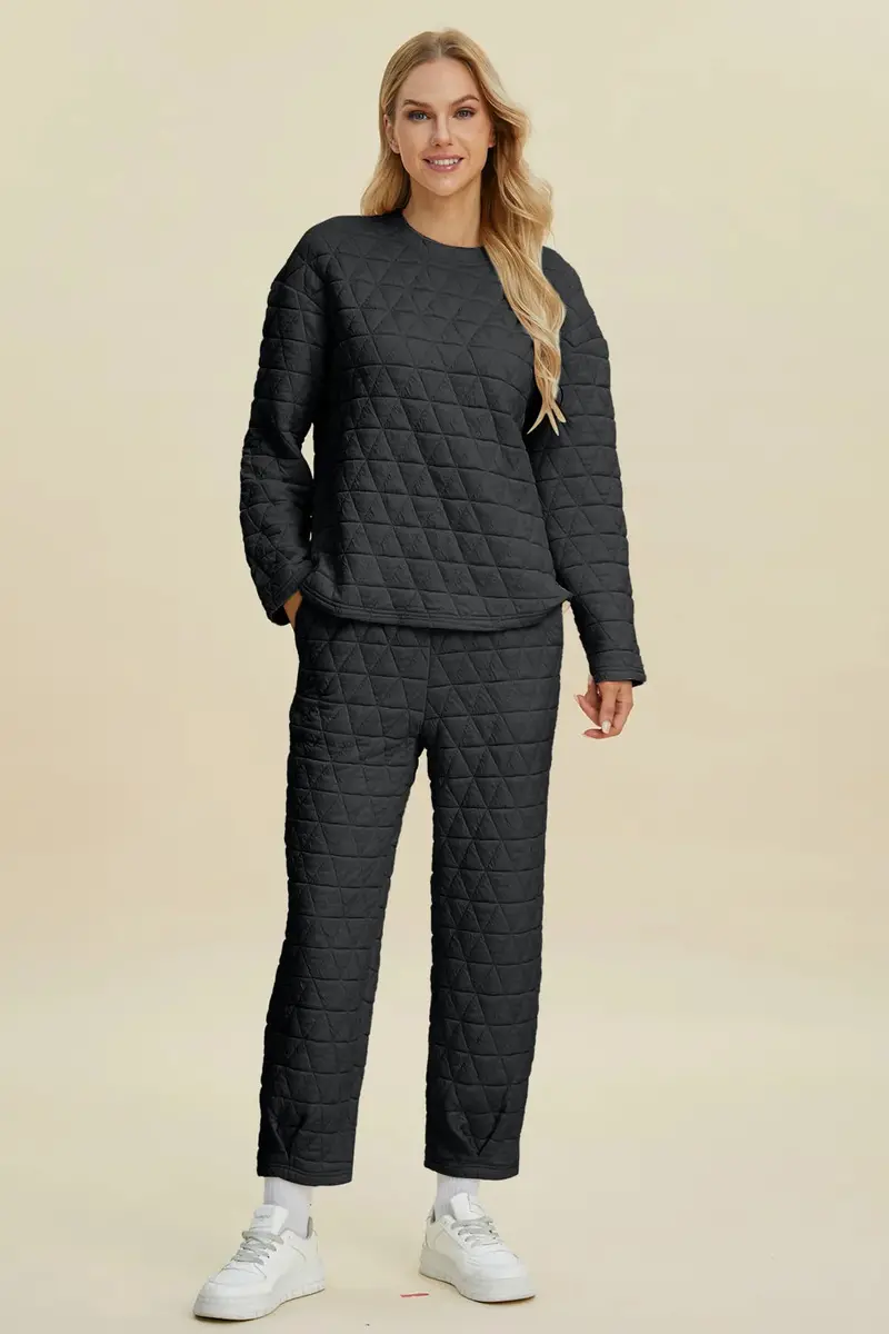 Texture Round Neck Long Sleeve Top And Pants Set 9
