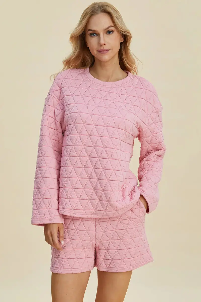 Texture Round Neck Long Sleeve Top And Shorts Set 1