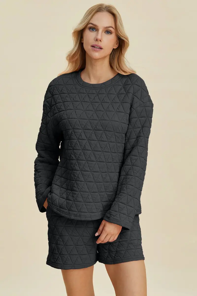 Texture Round Neck Long Sleeve Top And Shorts Set 10