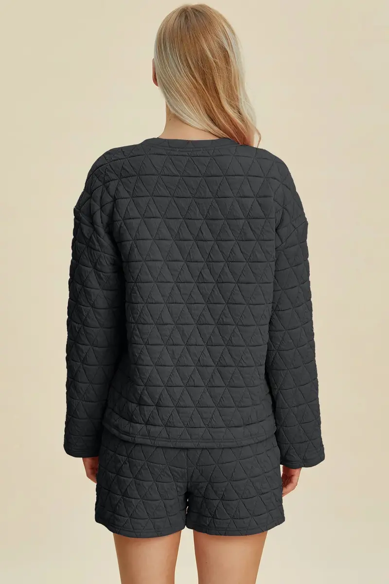 Texture Round Neck Long Sleeve Top And Shorts Set 11