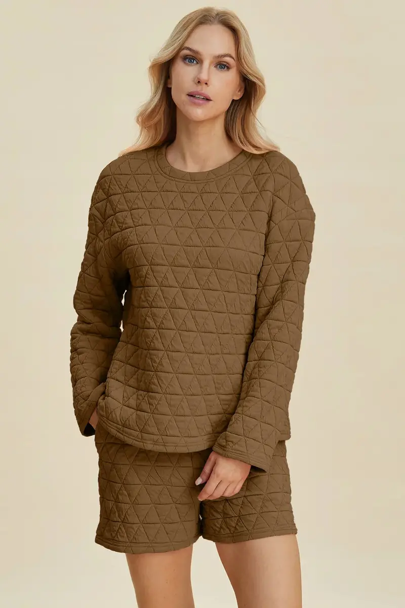 Texture Round Neck Long Sleeve Top And Shorts Set 13