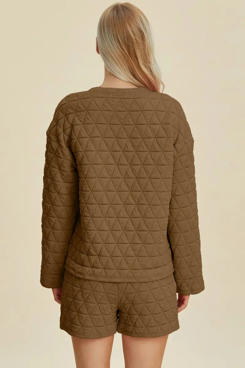 Texture Round Neck Long Sleeve Top And Shorts Set 14