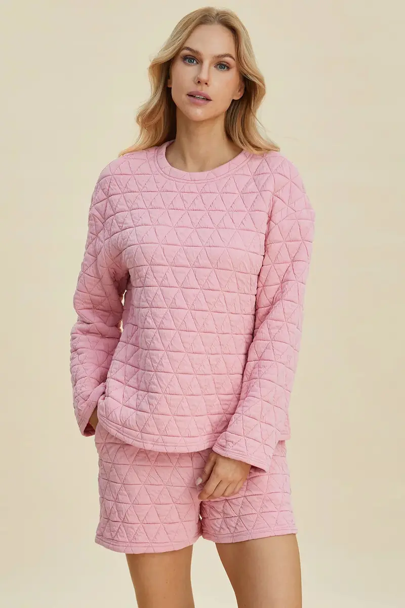 Texture Round Neck Long Sleeve Top And Shorts Set 2