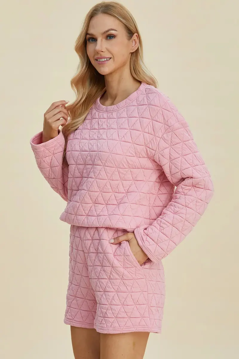 Texture Round Neck Long Sleeve Top And Shorts Set 3