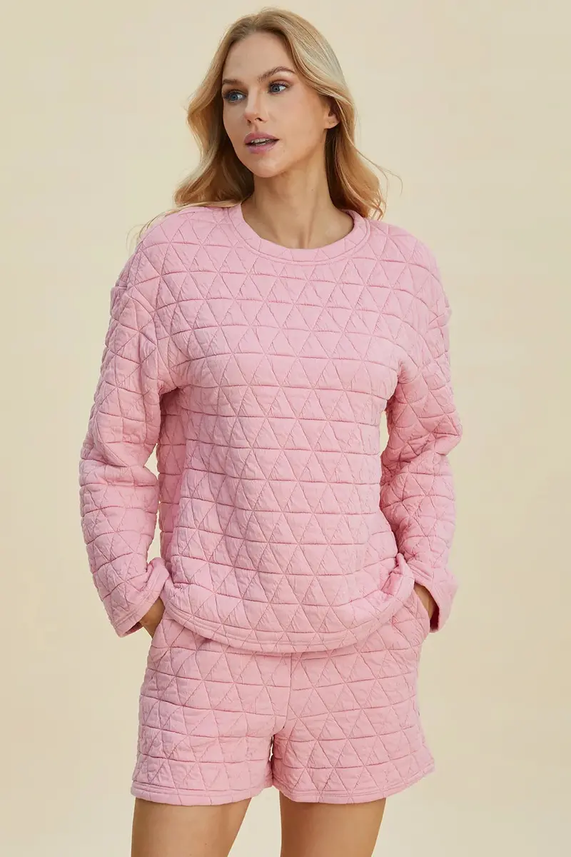Texture Round Neck Long Sleeve Top And Shorts Set 4