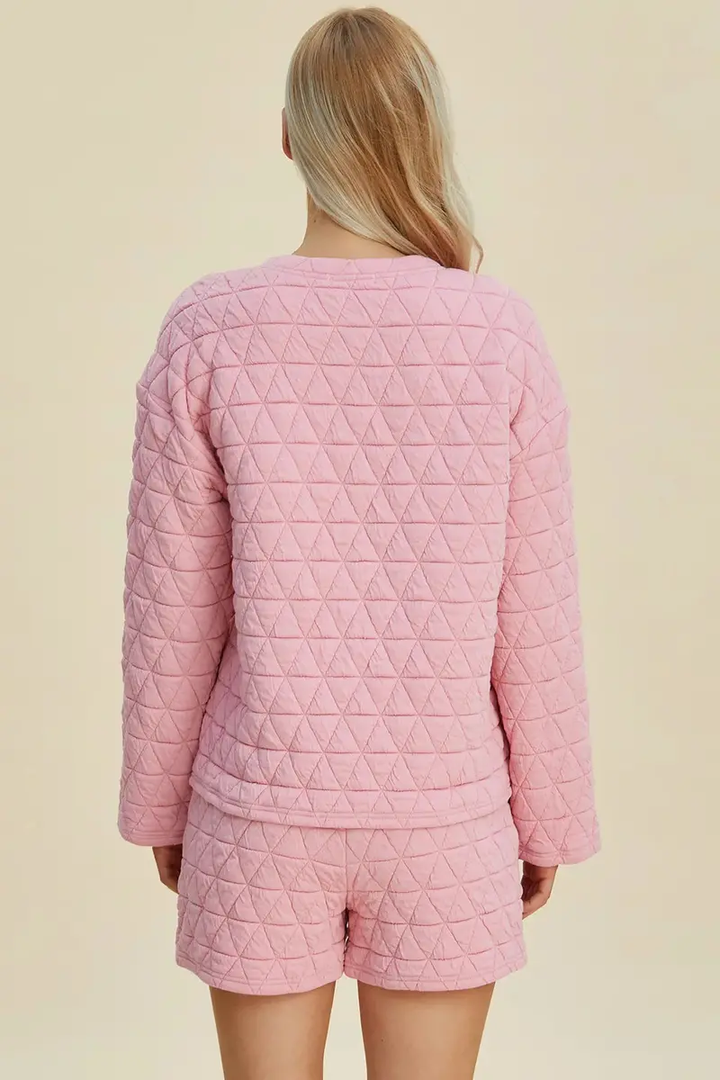 Texture Round Neck Long Sleeve Top And Shorts Set 5