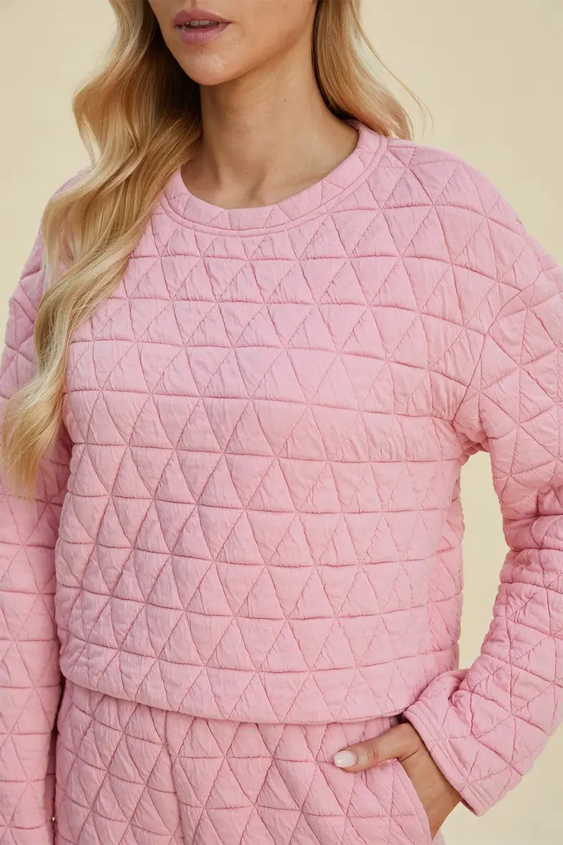 Texture Round Neck Long Sleeve Top And Shorts Set 7
