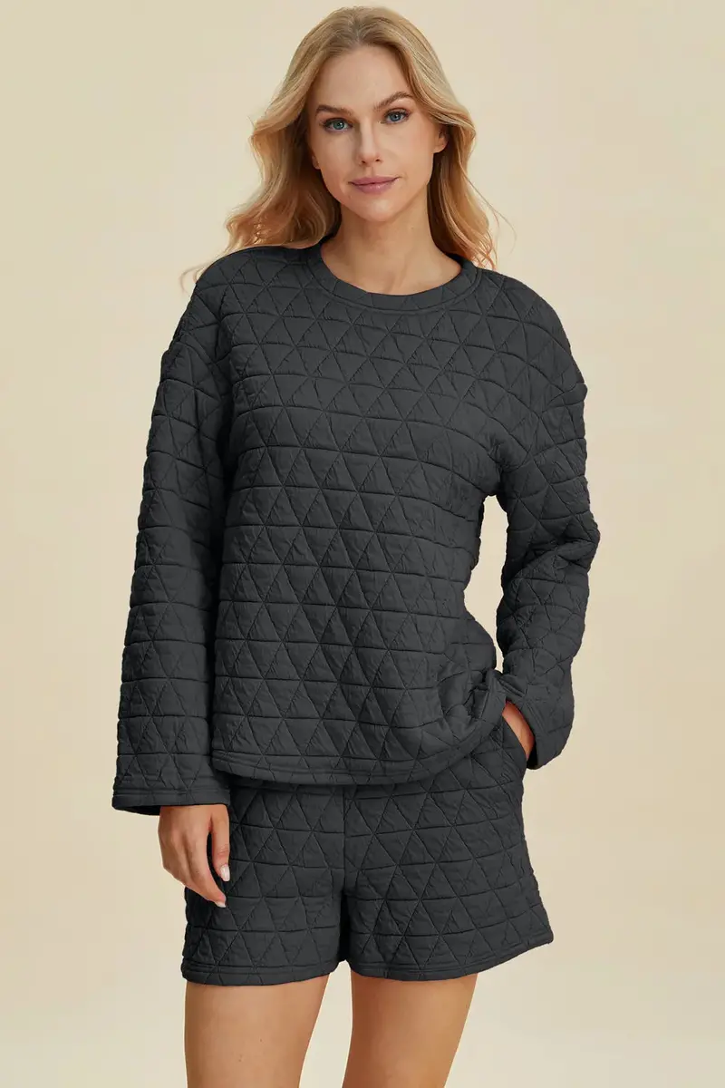 Texture Round Neck Long Sleeve Top And Shorts Set 9