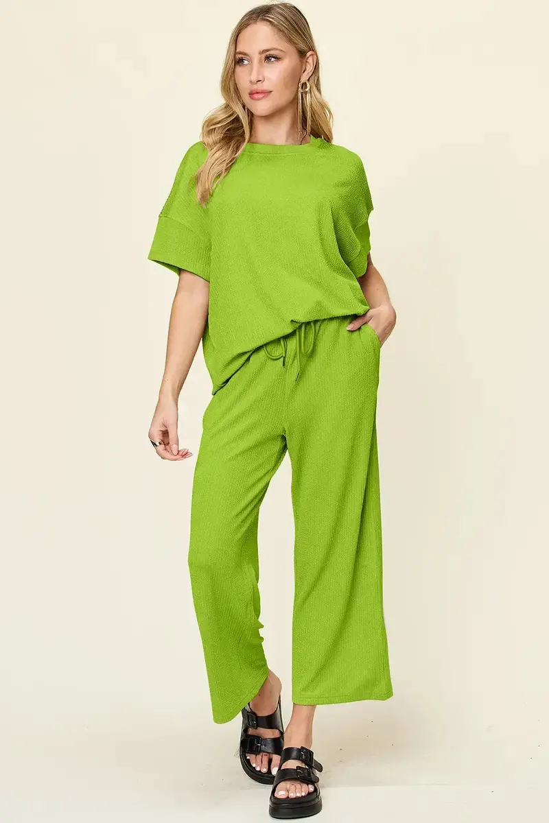 Texture Round Neck Short Sleeve T-Shirt And Wide Leg Pants 1