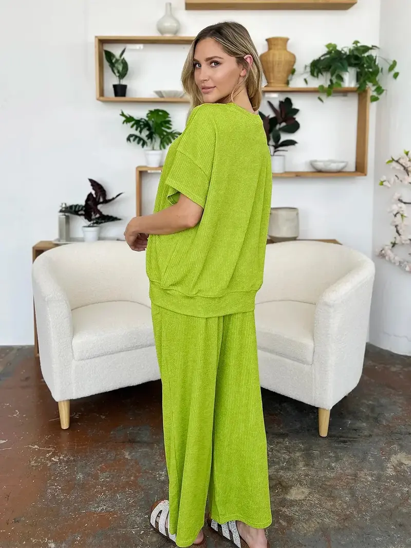 Texture Round Neck Short Sleeve T-Shirt And Wide Leg Pants 13