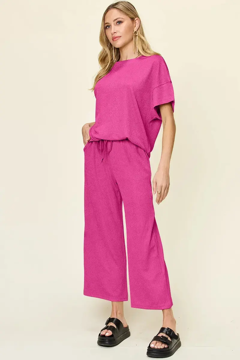 Texture Round Neck Short Sleeve T-Shirt And Wide Leg Pants 14