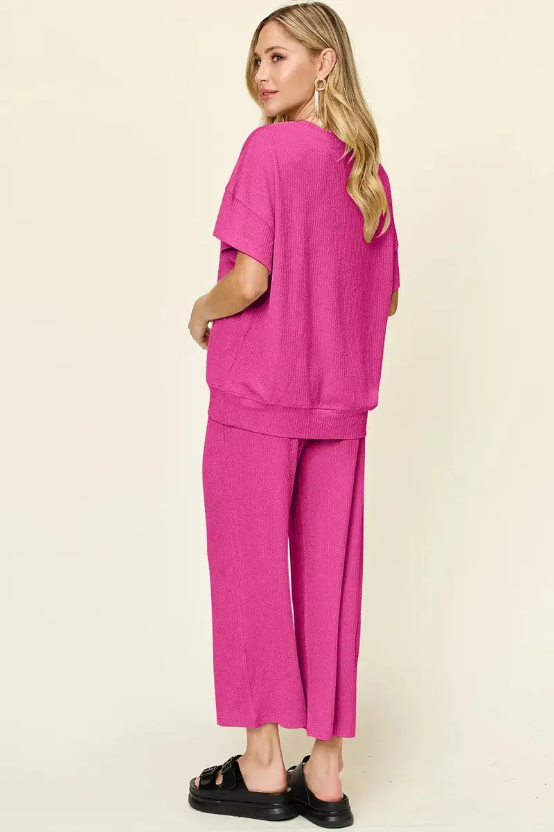 Texture Round Neck Short Sleeve T-Shirt And Wide Leg Pants 15