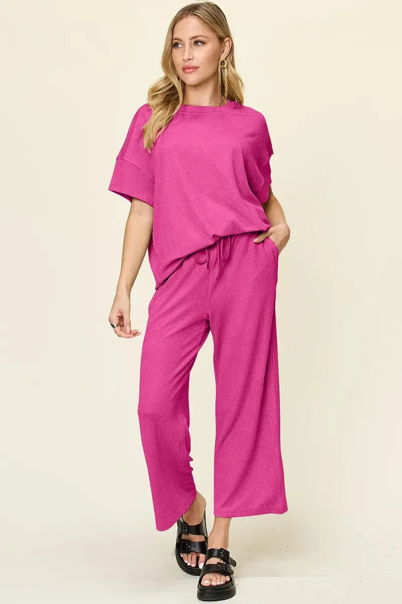 Texture Round Neck Short Sleeve T-Shirt And Wide Leg Pants 16