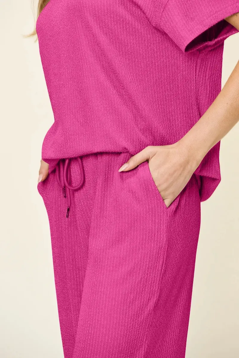 Texture Round Neck Short Sleeve T-Shirt And Wide Leg Pants 17