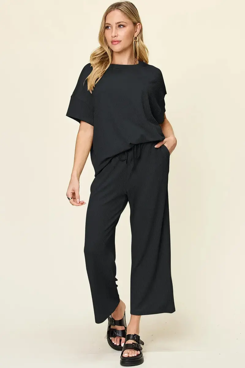 Texture Round Neck Short Sleeve T-Shirt And Wide Leg Pants 18