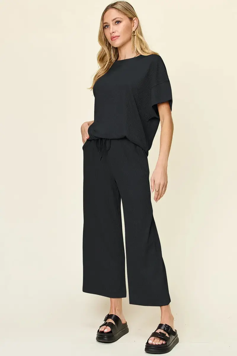 Texture Round Neck Short Sleeve T-Shirt And Wide Leg Pants 19