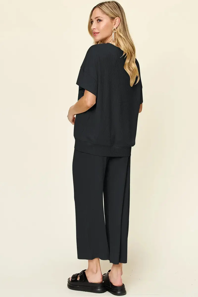 Texture Round Neck Short Sleeve T-Shirt And Wide Leg Pants 20