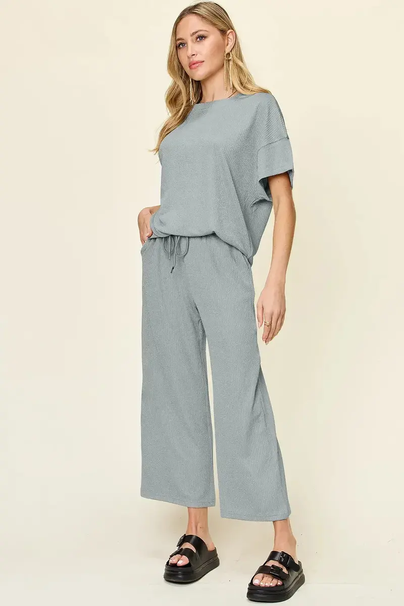 Texture Round Neck Short Sleeve T-Shirt And Wide Leg Pants 22