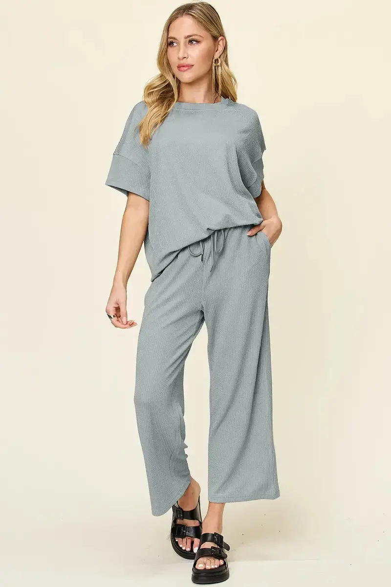 Texture Round Neck Short Sleeve T-Shirt And Wide Leg Pants 23