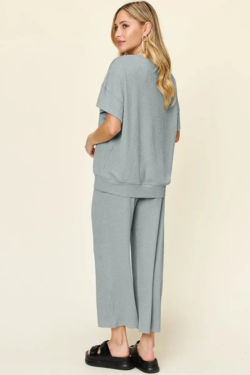 Texture Round Neck Short Sleeve T-Shirt And Wide Leg Pants 24