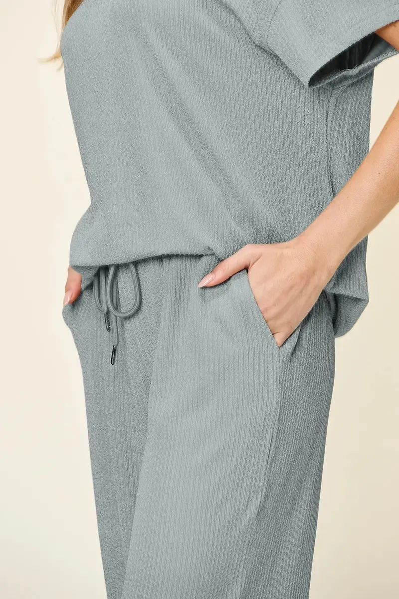 Texture Round Neck Short Sleeve T-Shirt And Wide Leg Pants 25