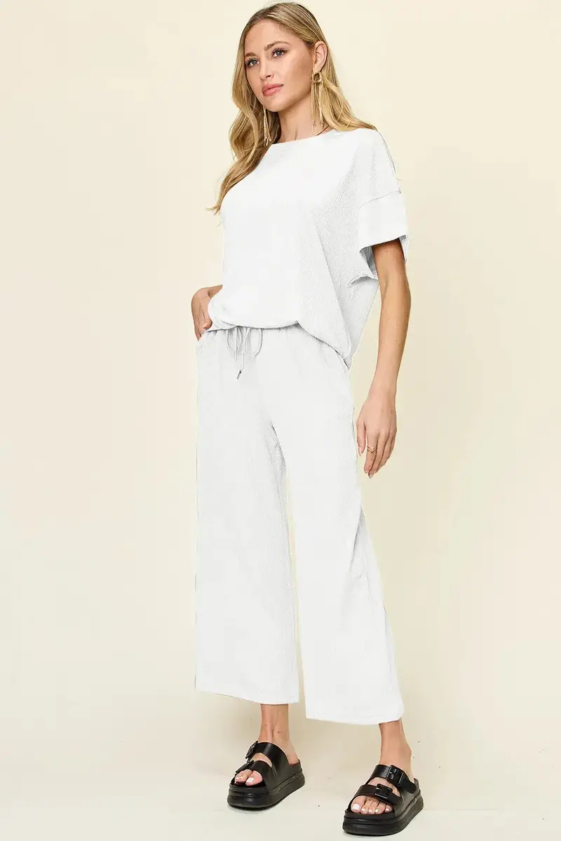Texture Round Neck Short Sleeve T-Shirt And Wide Leg Pants 26