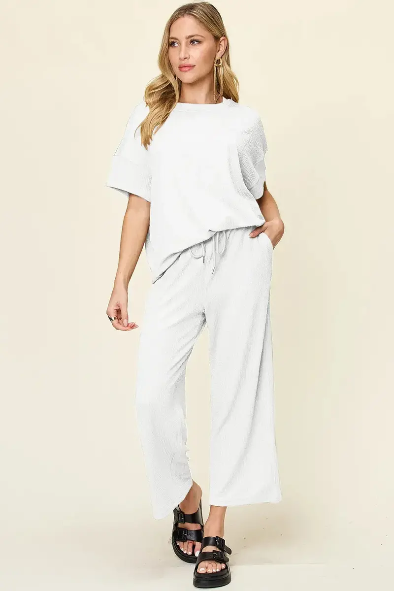 Texture Round Neck Short Sleeve T-Shirt And Wide Leg Pants 27