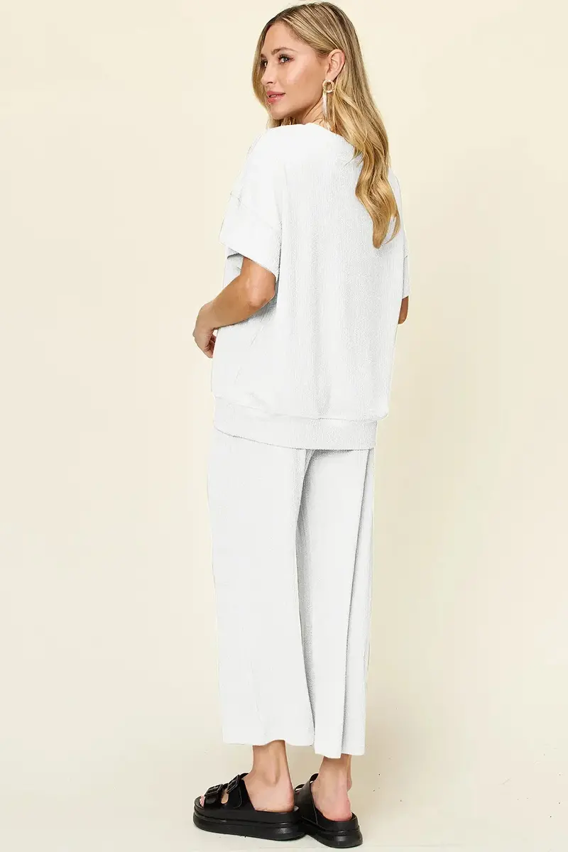 Texture Round Neck Short Sleeve T-Shirt And Wide Leg Pants 28