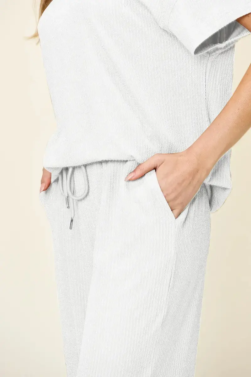 Texture Round Neck Short Sleeve T-Shirt And Wide Leg Pants 29