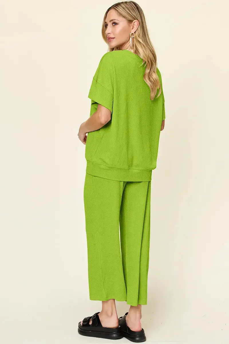 Texture Round Neck Short Sleeve T-Shirt And Wide Leg Pants 3