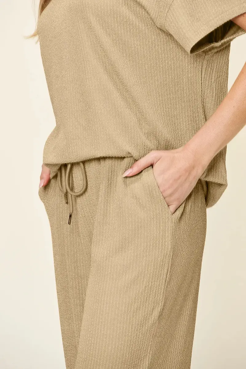 Texture Round Neck Short Sleeve T-Shirt And Wide Leg Pants 33